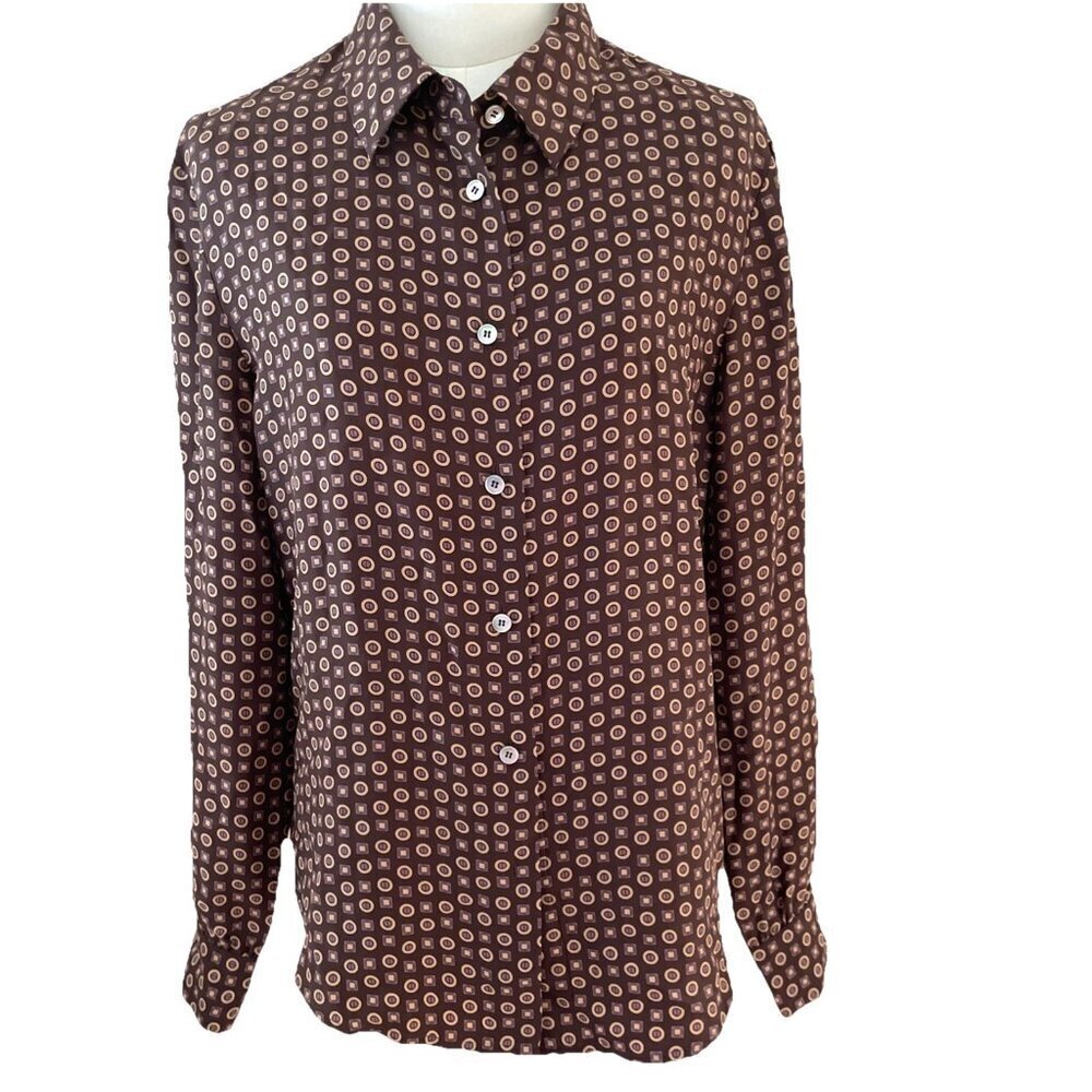 Kate Hill 100% Silk Blouse Button Down Shirt Women's 12 Petite Brown Geometric